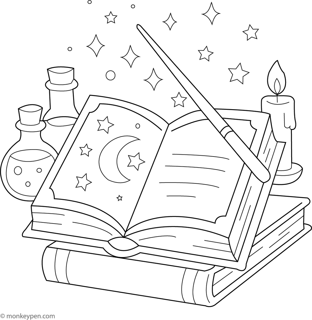 Spell Coloring In Magical Spell Book | Free Coloring Page