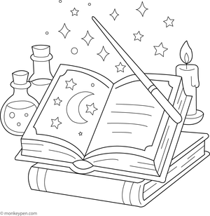 Printable Magical Spell Book Coloring Image for Kids