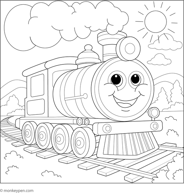 Printable Happy Steam Train Coloring Image for Kids 