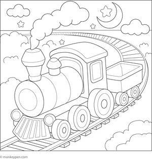 Printable  Toy Train on a Magical Track Colouring Page