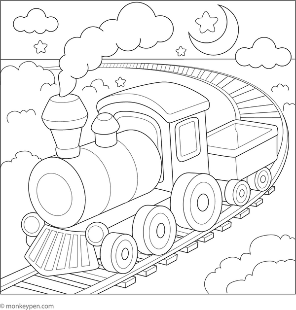 Printable  Toy Train on a Magical Track Colouring Page