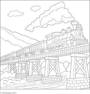 Printable Classic Steam Train Crossing a Bridge Coloring Page