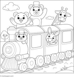 Printable  Train with Cute Animal Passengers Colouring Sheet for Kids