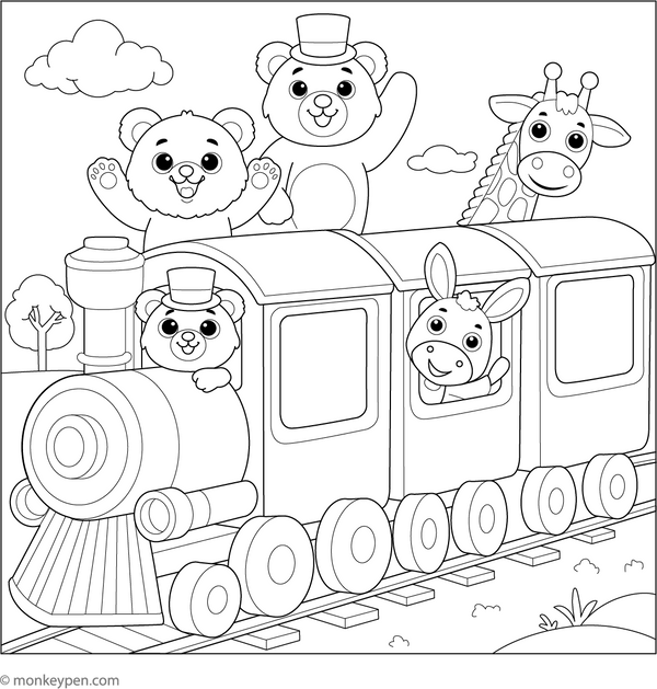 Printable  Train with Cute Animal Passengers Colouring Sheet for Kids