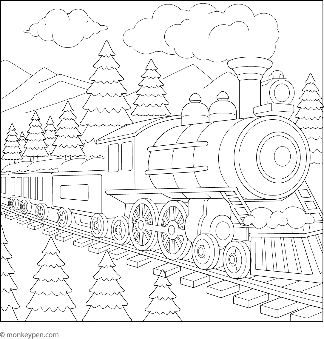 Train Chugging Through a Snowy Landscape Free Coloring Page