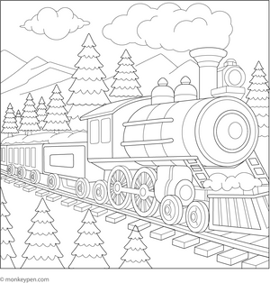 Printable Train Chugging Through a Snowy Landscape Coloring Page for Kids