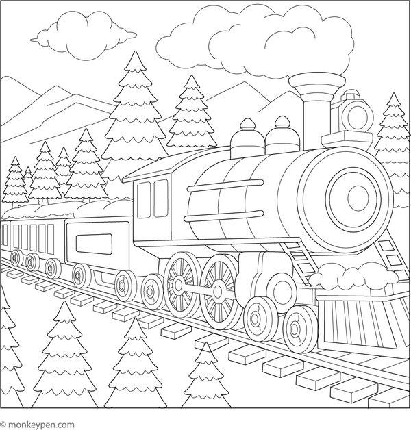 Printable Train Chugging Through a Snowy Landscape Coloring Page for Kids
