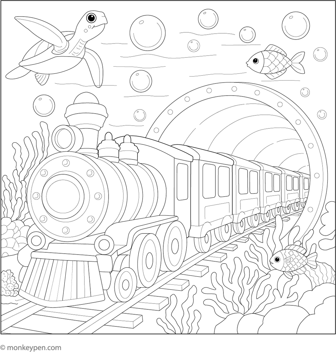 Underwater Train in a Glass Tunnel Free Coloring Page