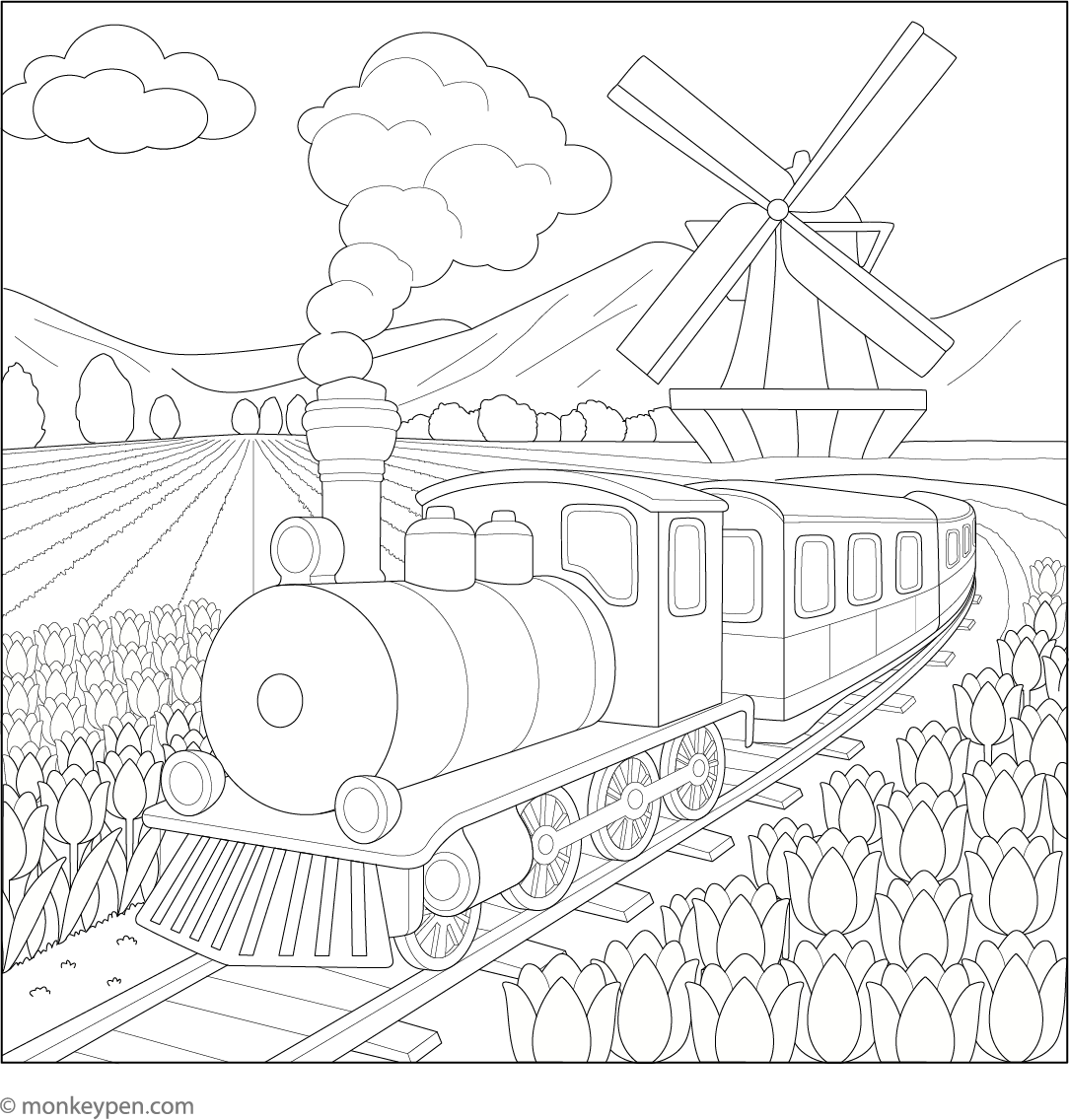 Train Passing Tulip Fields Free Coloring Page