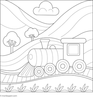Printable Train on a Wavy Track Through Hills Colouring Page
