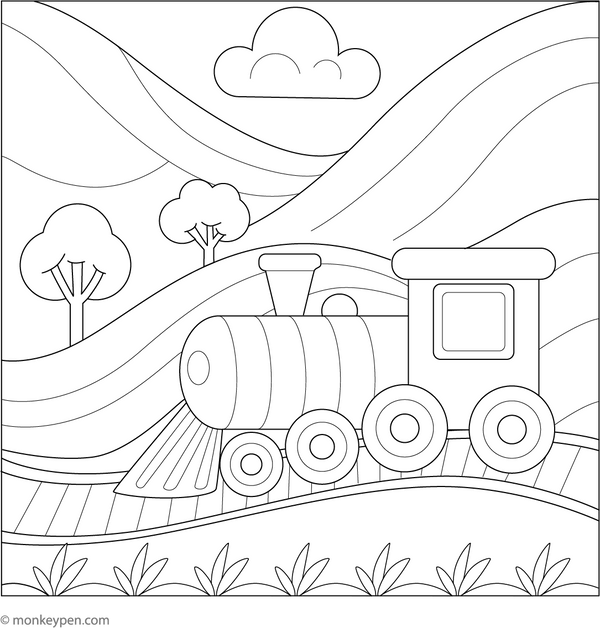 Printable Train on a Wavy Track Through Hills Colouring Page