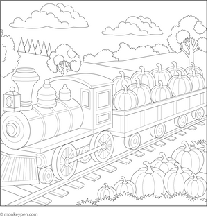 Printable Train Full of Pumpkins for Autumn Colouring Picture