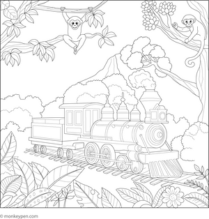 Printable Train Through a Dense Jungle Colouring Image for Kids