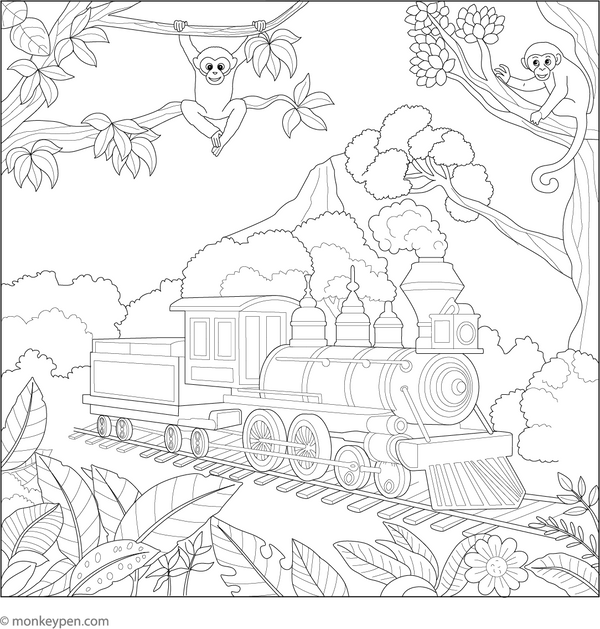 Printable Train Through a Dense Jungle Colouring Image for Kids