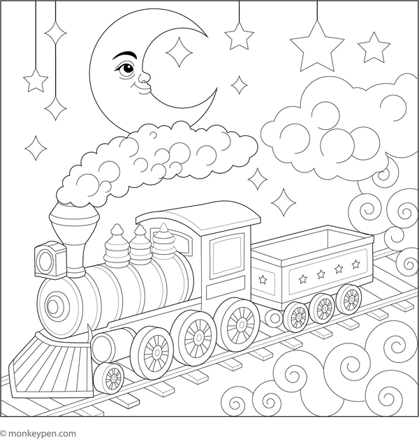 Printable Train in the Clouds Colouring Sheet for Kids 