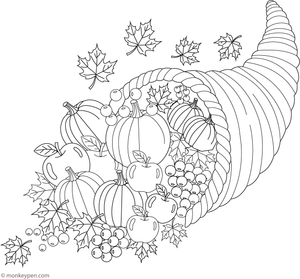  A cornucopia overflowing with pumpkins, fruits, and vegetables.

