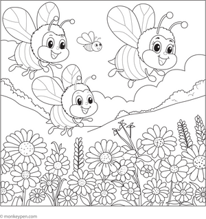 Bee Family in a Meadow Coloring Page – fun and educational printable for children