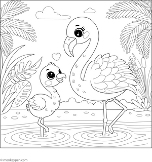Baby Flamingo with Mama Flamingo Coloring Page
