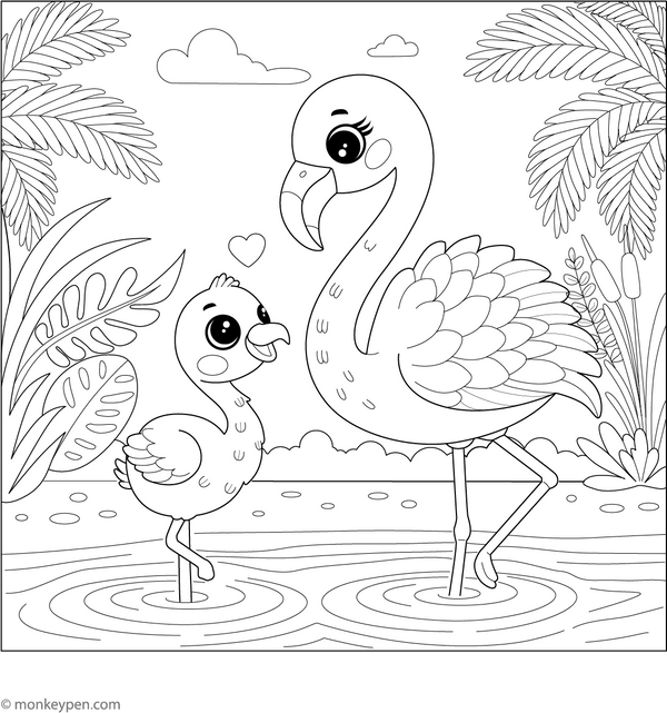Baby Flamingo with Mama Flamingo Coloring Page