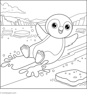 Penguin Sliding on Ice Coloring Page – fun and educational printable for children