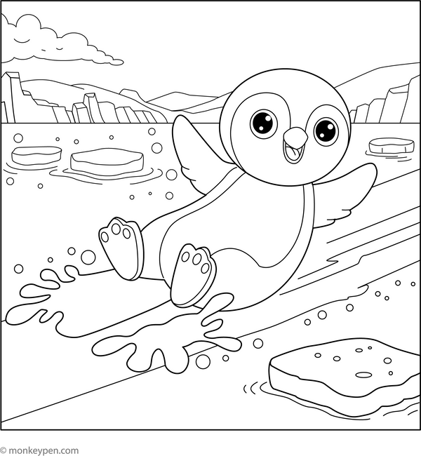 Penguin Sliding on Ice Coloring Page – fun and educational printable for children