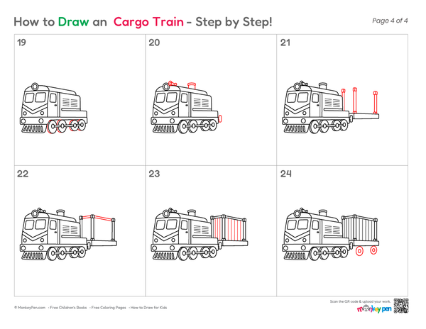 A step-by-step drawing guide titled 'How to Draw an Cargo Train - Step by Step!' showing 24 illustrated panels with a simple train drawing and red highlight lines, laid out in a grid on a white page.