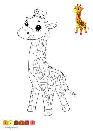 Free downloadable color-by-number worksheet featuring a giraffe with numbered sections on its neck, spots, and gentle face—perfect for kids to practice number recognition while enjoying animal-themed coloring fun.