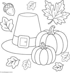  A pilgrim hat next to pumpkins and autumn decorations.
