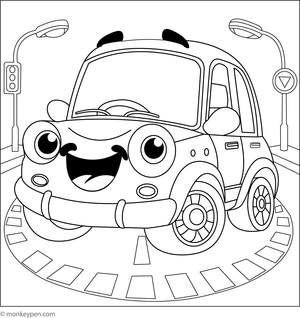 Printabe Smiling Car in a Busy Town Colouring Picture for Children