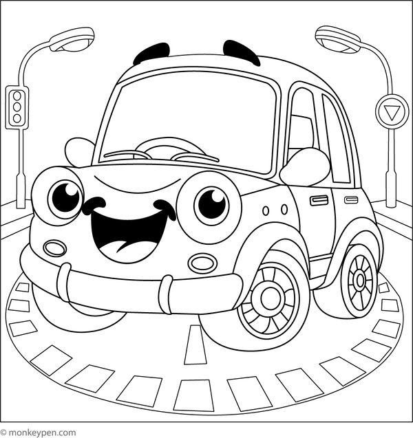 Printabe Smiling Car in a Busy Town Colouring Picture for Children