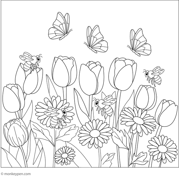 Free Printable Flower Garden with Butterflies Coloring Sheet for kds