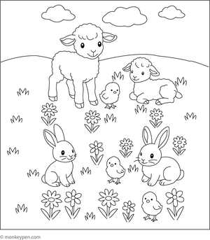 Printable Spring Meadow with Baby Animals Coloring Pag