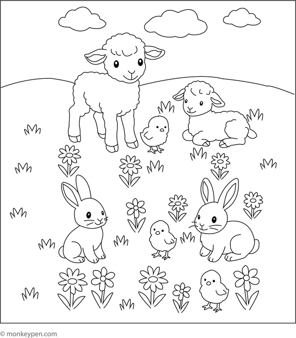 Printable Spring Meadow with Baby Animals Coloring Pag