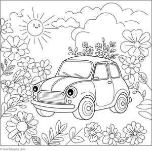 Printable Car Covered in Flowers Colouring Sheet for kids