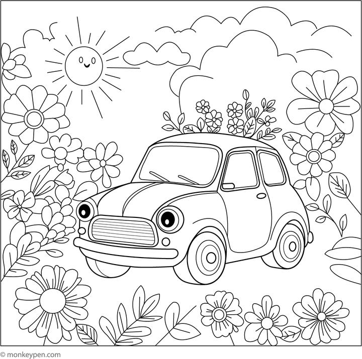 Car Covered in Flowers | Free Coloring Page
