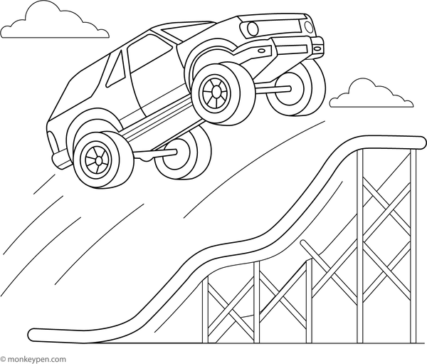 Free Printable Car Jumping Over a Ramp Like a Stunt Show Colouring Picture