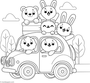 Free Printable Car and Cute Animal Friends Colouring Image for kids