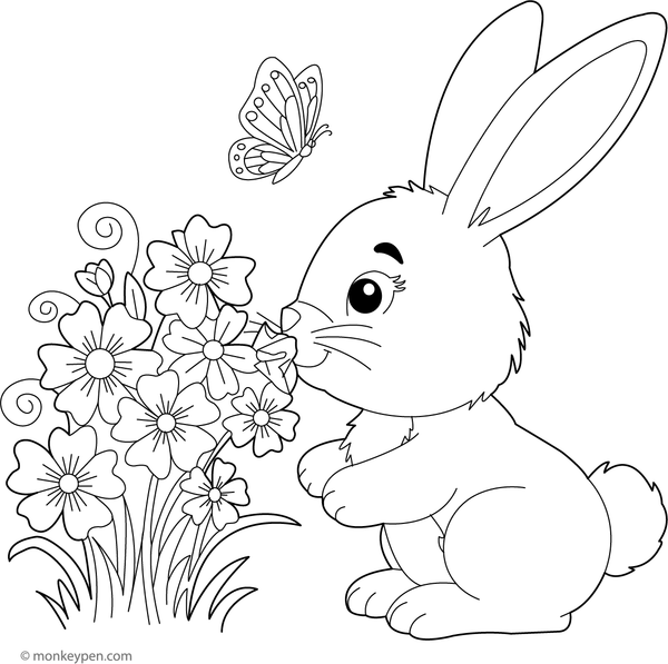 Printable Rabbit in a Flower Field Coloring Image foe kids