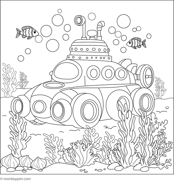 Free Printable  Underwater Car Adventure Colouring Page For Kids 
