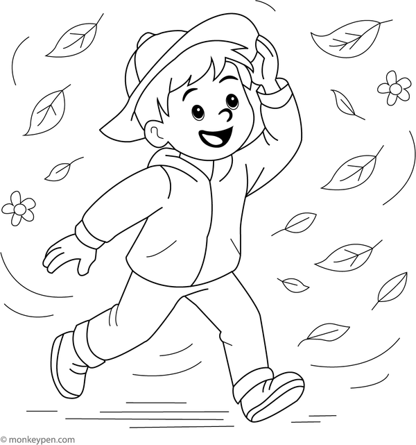 Free Printable Windy Spring Day with Flying Leaves Coloring Imge For Kids