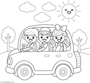 Free Printable Playful Kids in Car Colouring Picture for Children