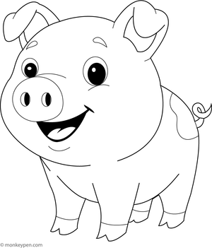 Simple pig standing in a farmyard, ready for kids to colour.