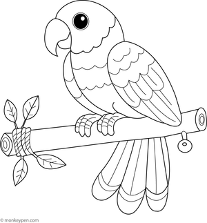 Parrot perched on a branch, surrounded by leaves, ready for kids to colour.
