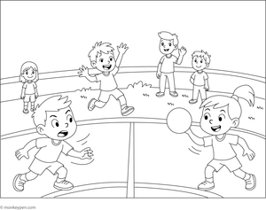 Dodgeball players in action, throwing and dodging balls, ideal for children to color.
