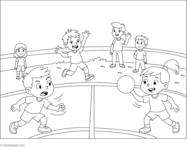 Dodgeball players in action, throwing and dodging balls, ideal for children to color.
