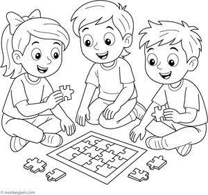 Child completing a jigsaw puzzle, with pieces scattered around, perfect for coloring.
