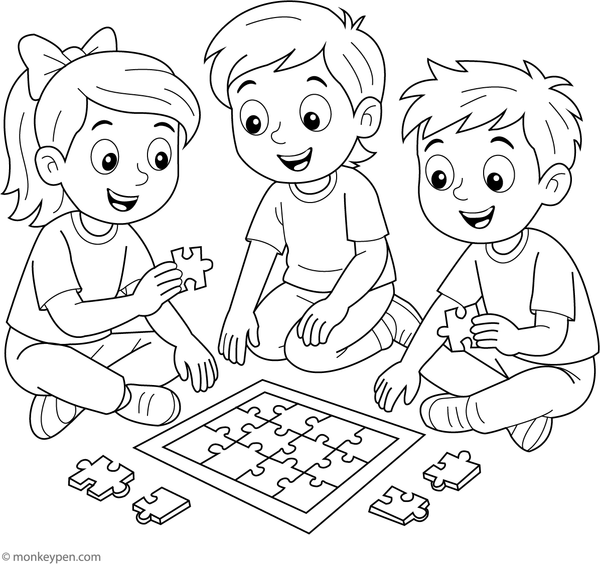Child completing a jigsaw puzzle, with pieces scattered around, perfect for coloring.
