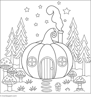 Free Printable Pumpkin House in a Magical Forest Coloring Picture
