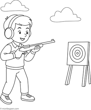 Shooter aiming at a target in a biathlon competition, ideal for children to color.
