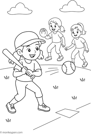 Softball player swinging a bat, ready to hit the ball, perfect for coloring.
